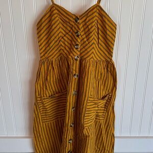 100% Cotton Japna Mustard Striped Button-Front Midi Dress Adjustable Straps